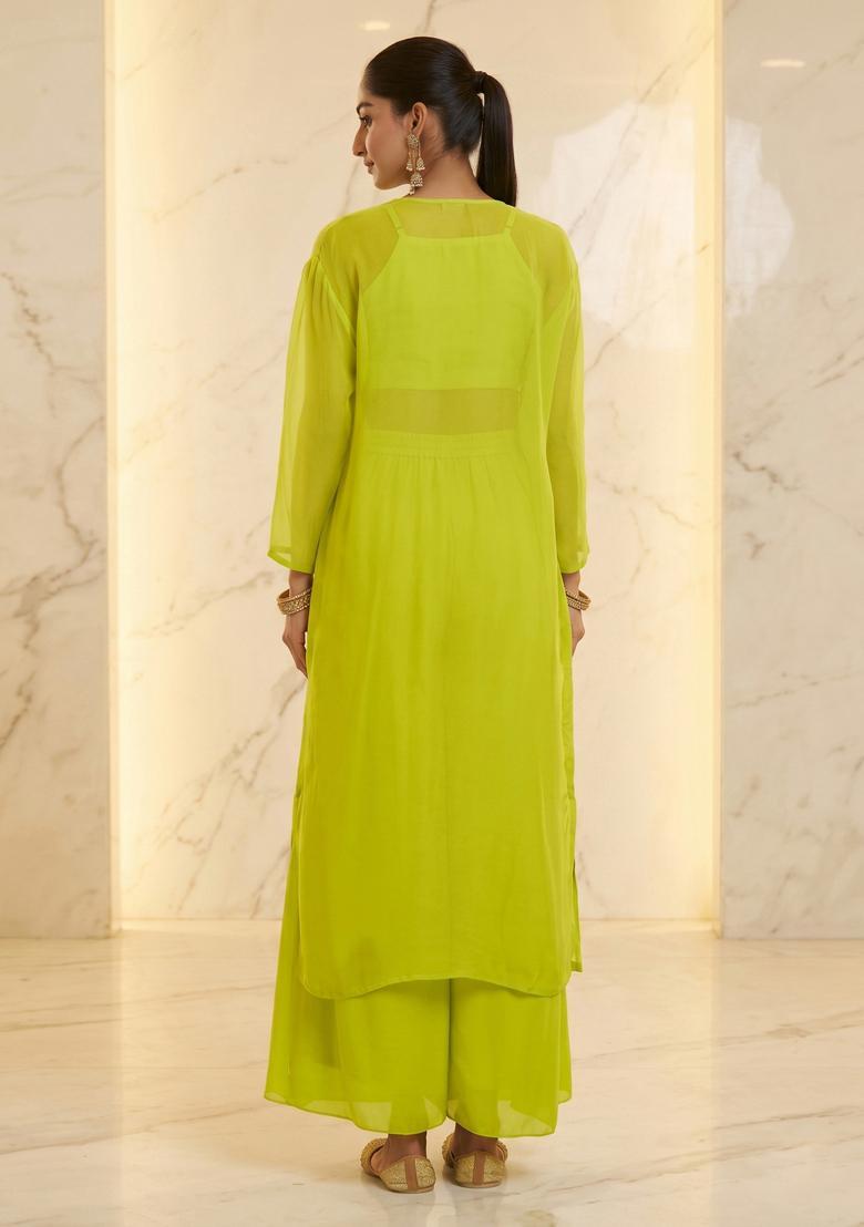 Lime Green Embroidered Handwork Fusion Set - Indya