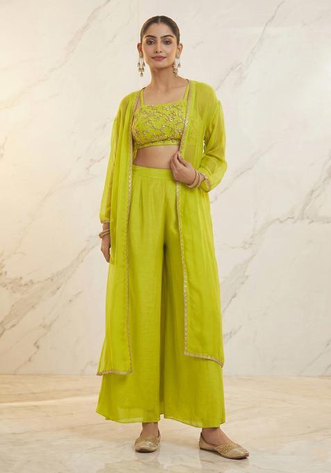 Lime Green Embroidered Handwork Fusion Set
