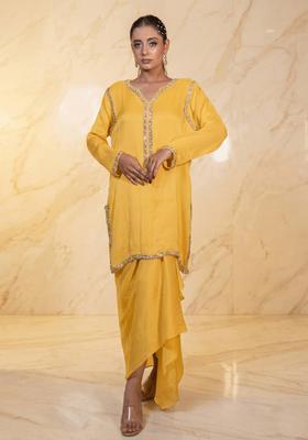 Mustard Embroidered Handwork Fusion Set