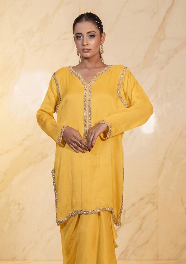 Mustard Embroidered Handwork Fusion Set - Indya