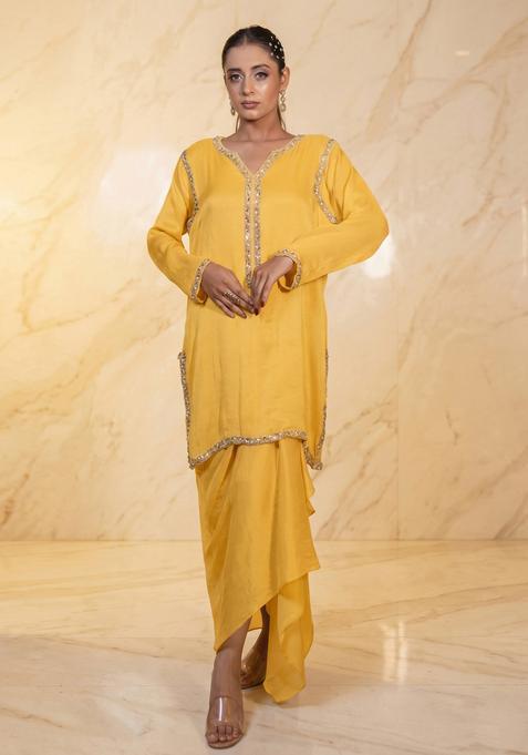 Mustard Embroidered Handwork Fusion Set