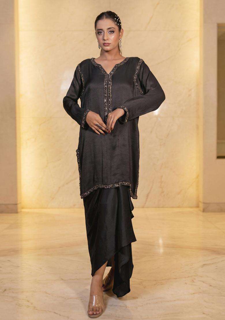 Black Embroidered Handwork Fusion Set - Indya