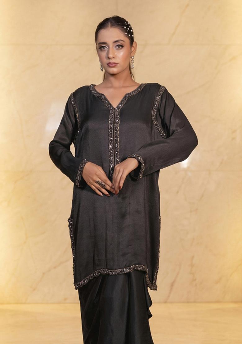 Black Embroidered Handwork Fusion Set - Indya