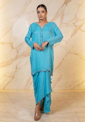 Sky Blue Embroidered Handwork Fusion Set