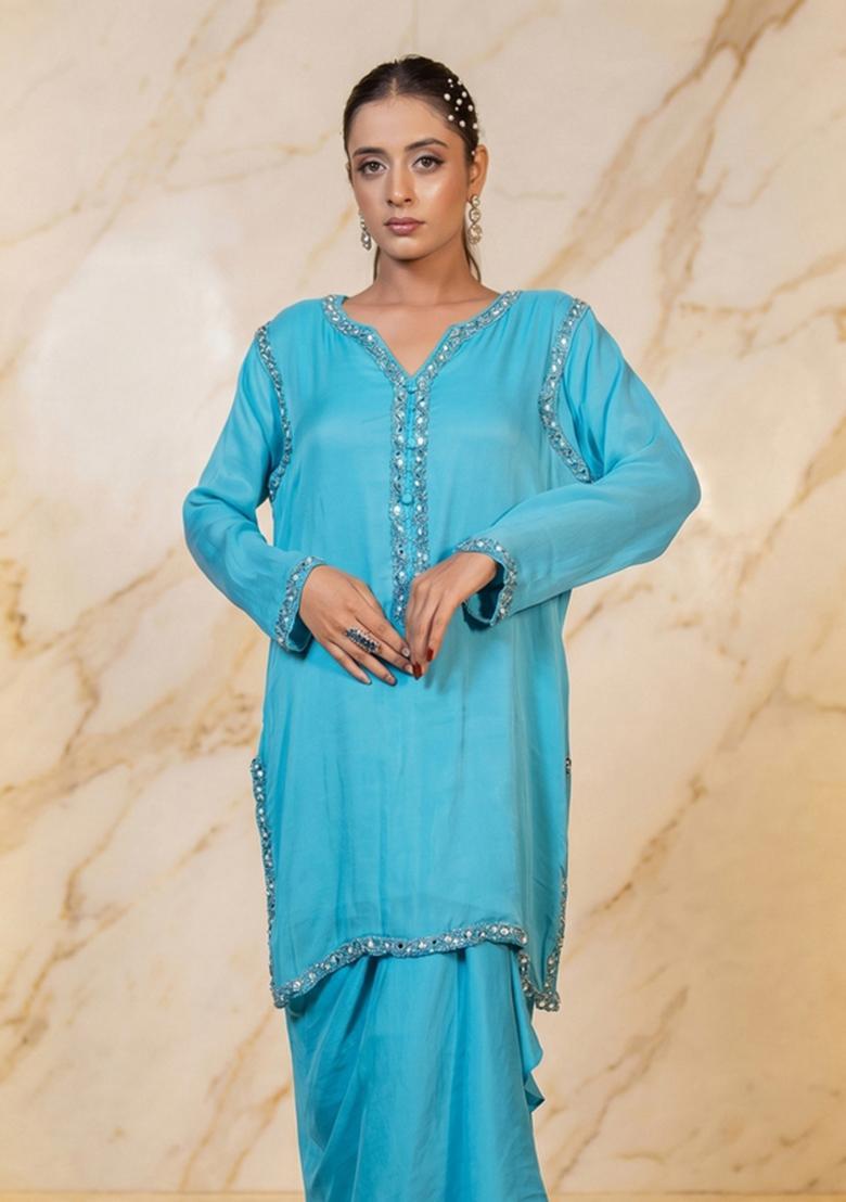 Sky Blue Embroidered Handwork Fusion Set - Indya