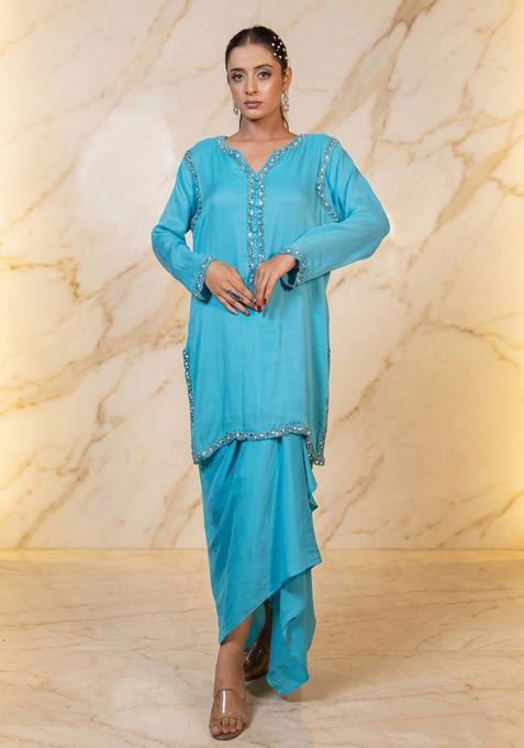 Sky Blue Embroidered Handwork Fusion Set