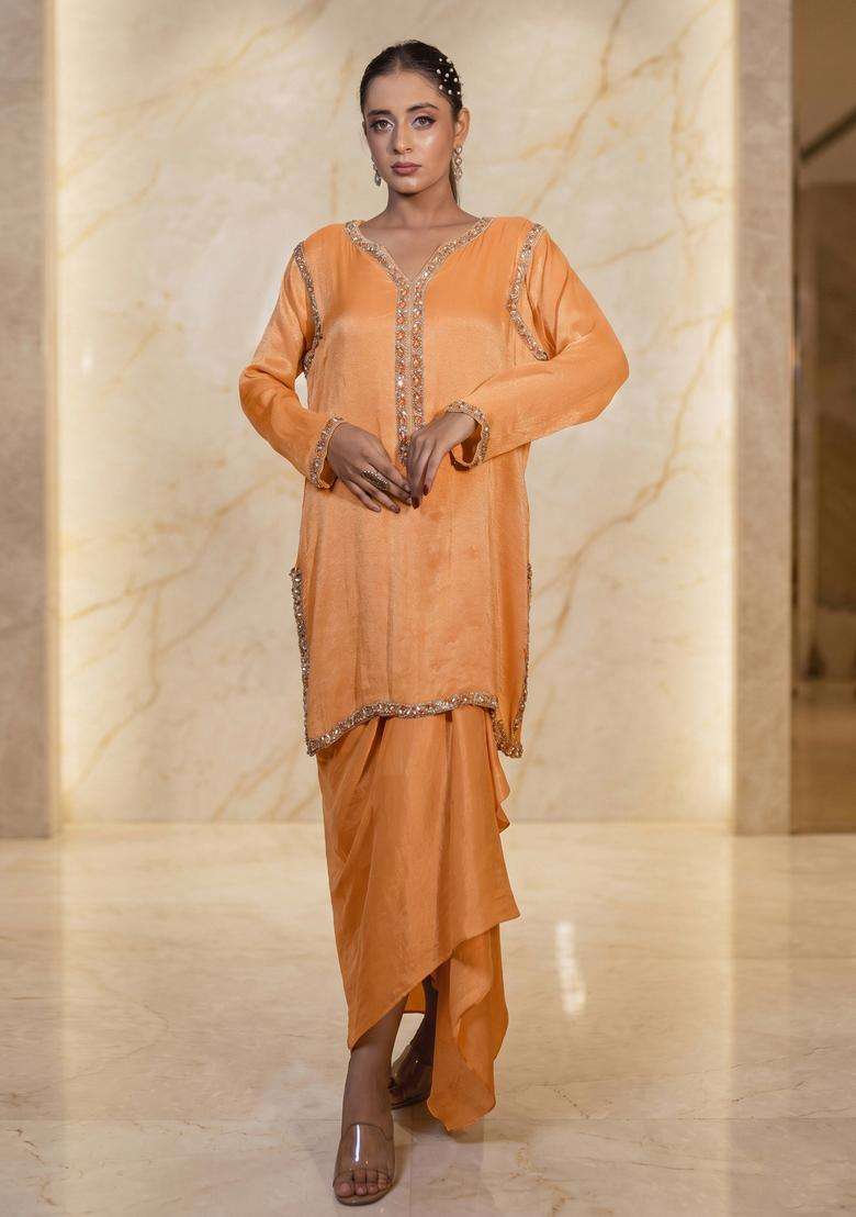 Peach Orange Embroidered Handwork Fusion Set - Indya