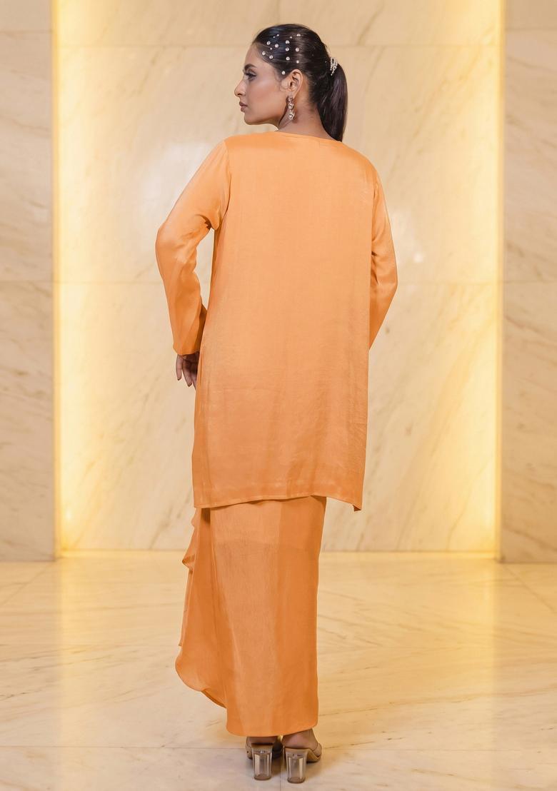 Peach Orange Embroidered Handwork Fusion Set - Indya