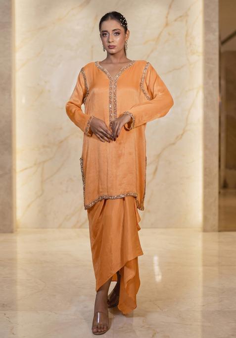 Peach Orange Embroidered Handwork Fusion Set