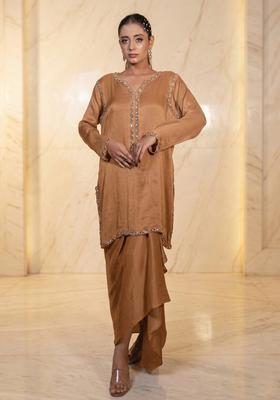 Tan Embroidered Handwork Fusion Set