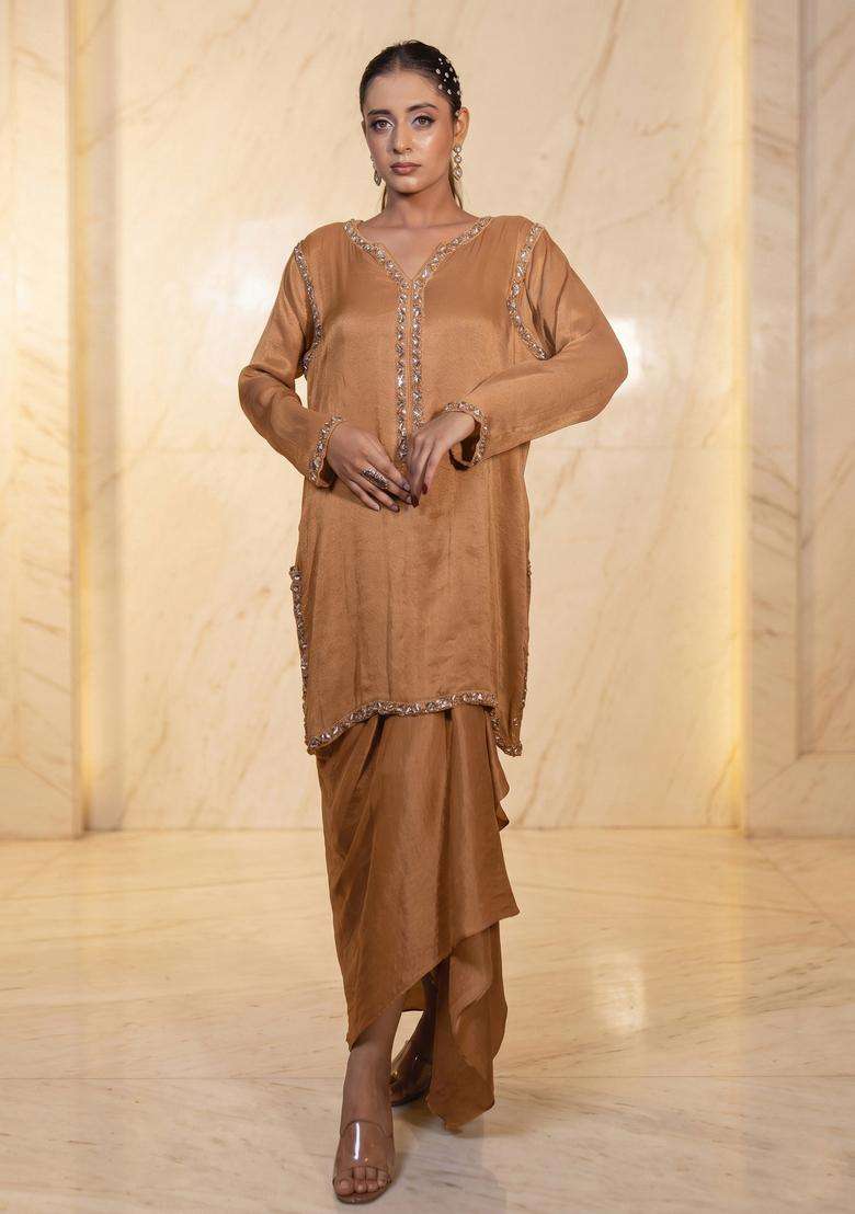 Tan Embroidered Handwork Fusion Set - Indya