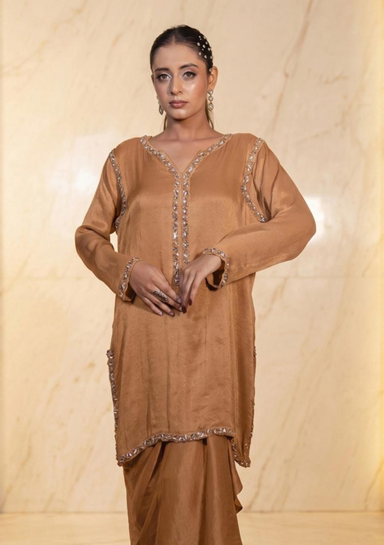 Tan Embroidered Handwork Fusion Set - Indya