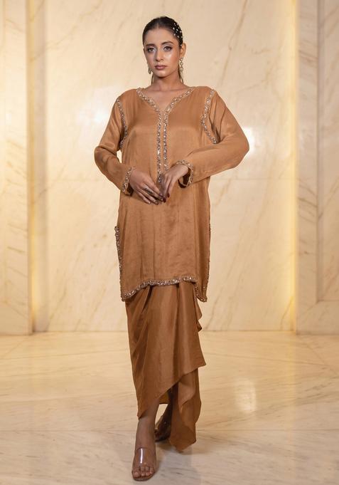 Tan Embroidered Handwork Fusion Set