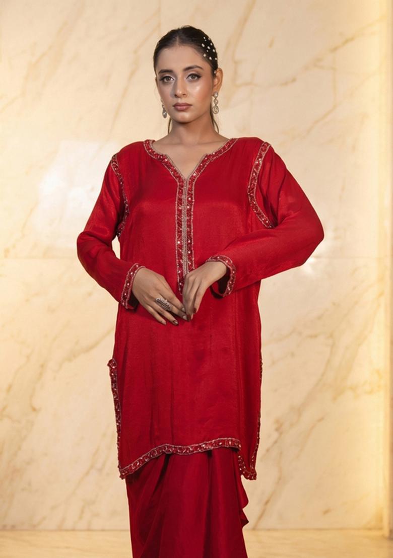Red Embroidered Handwork Fusion Set - Indya