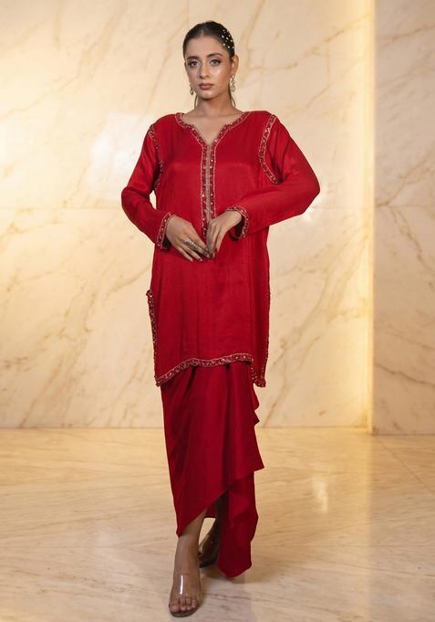 Red Embroidered Handwork Fusion Set