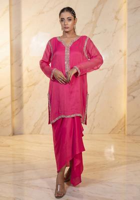 Hot Pink Embroidered Handwork Fusion Set