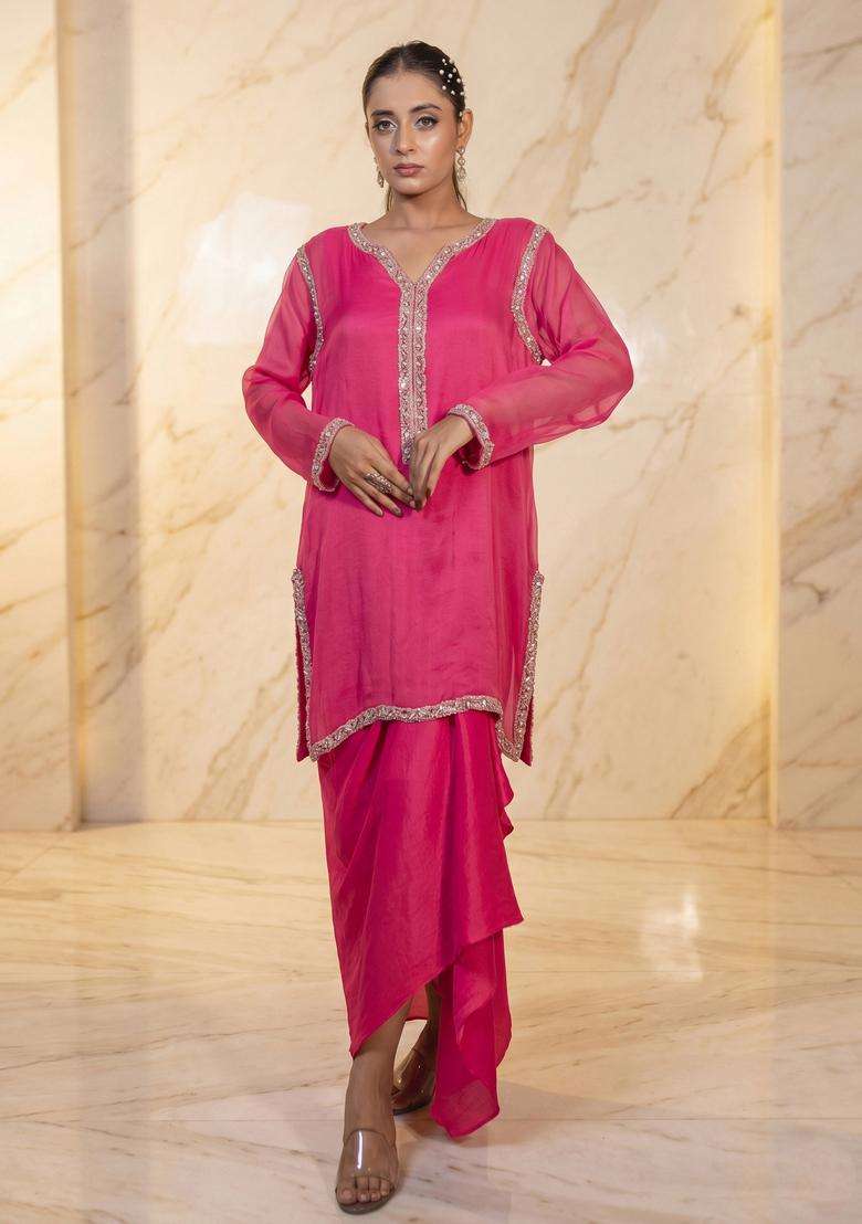Hot Pink Embroidered Handwork Fusion Set - Indya