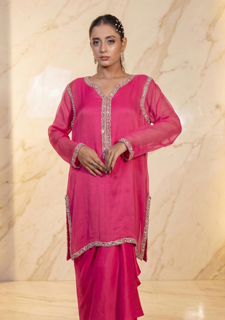 Hot Pink Embroidered Handwork Fusion Set - Indya