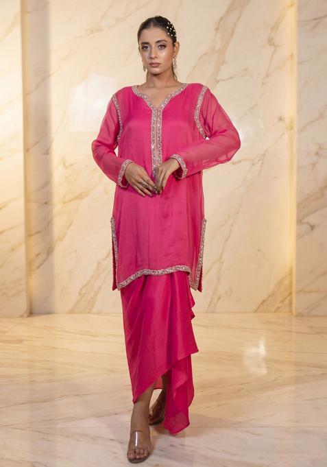 Hot Pink Embroidered Handwork Fusion Set