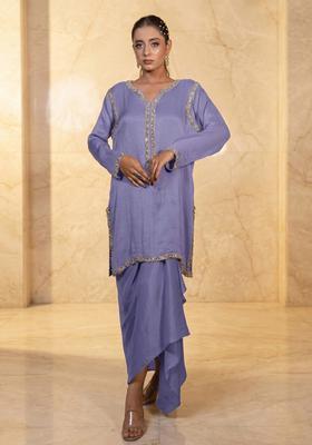 Lavender Violet Embroidered Handwork Fusion Set