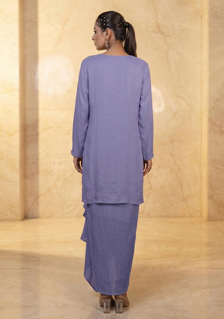 Lavender Violet Embroidered Handwork Fusion Set - Indya