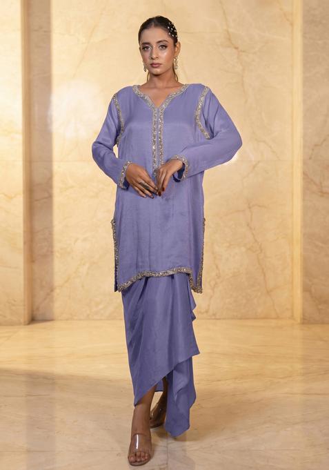 Lavender Violet Embroidered Handwork Fusion Set