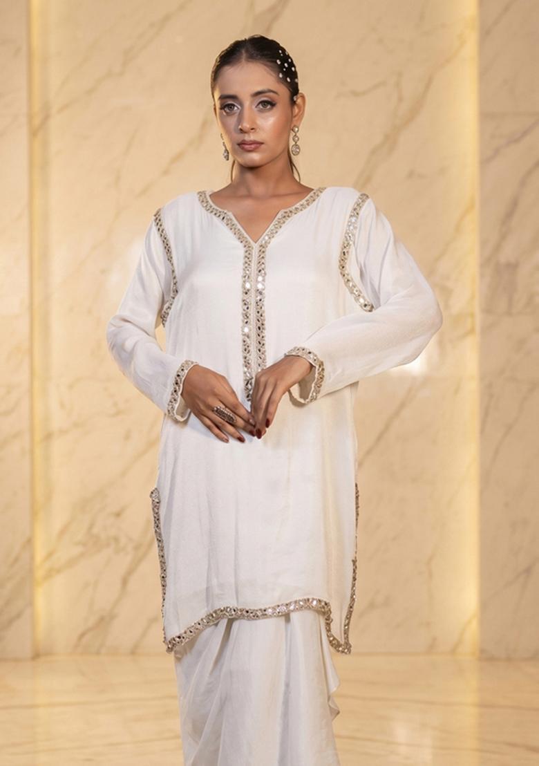 White Embroidered Handwork Fusion Set - Indya