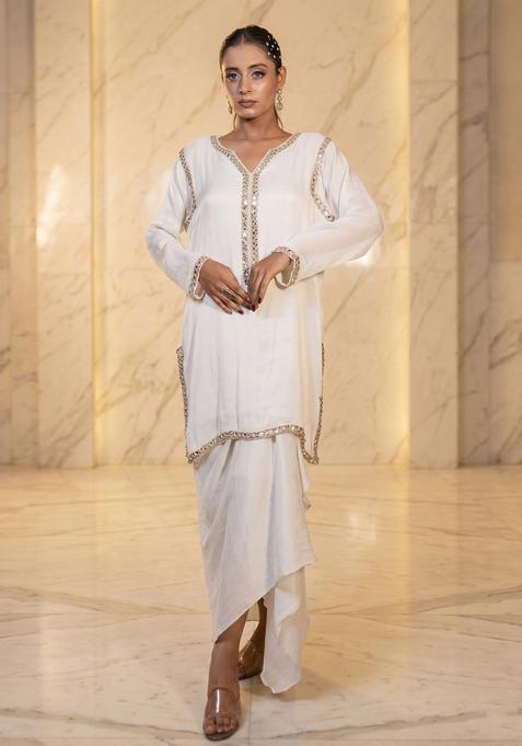 White Embroidered Handwork Fusion Set