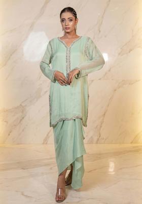 Mint Green Embroidered Handwork Fusion Set