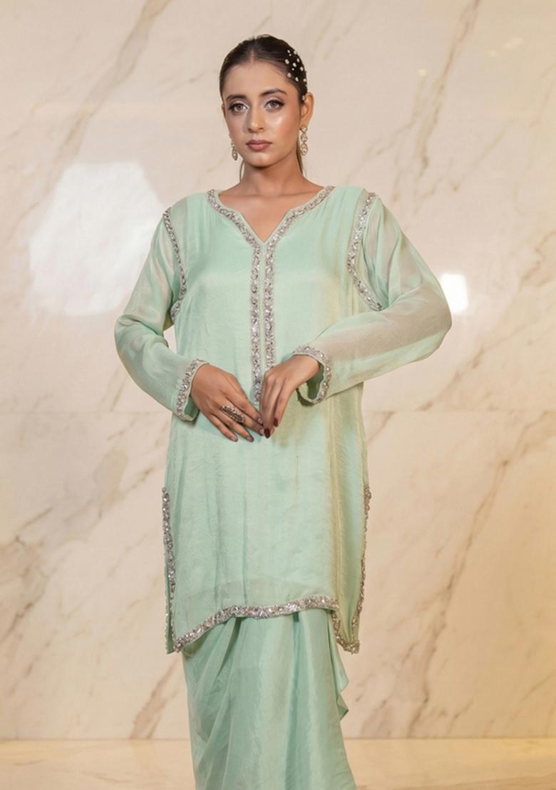 Mint Green Embroidered Handwork Fusion Set - Indya