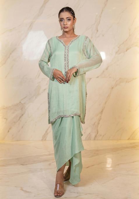 Mint Green Embroidered Handwork Fusion Set