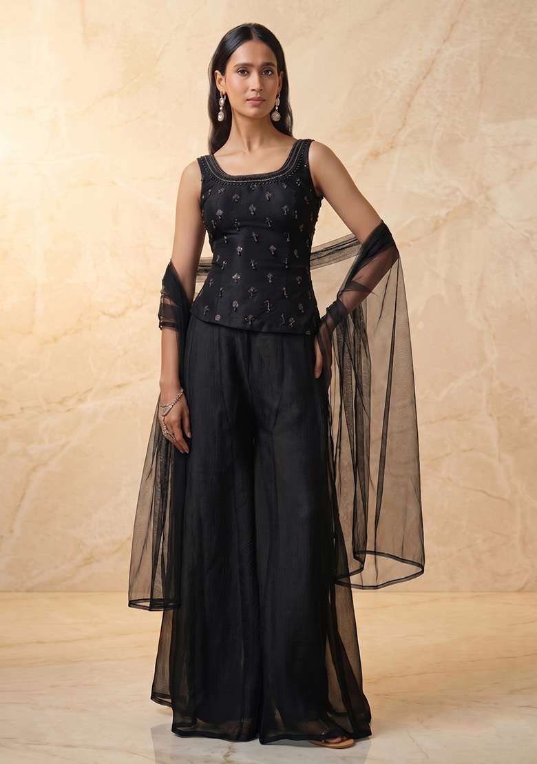 Black Embroidered Handwork Lehenga Set - Indya