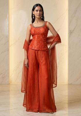 Rust Orange Embroidered Handwork Sharara Set