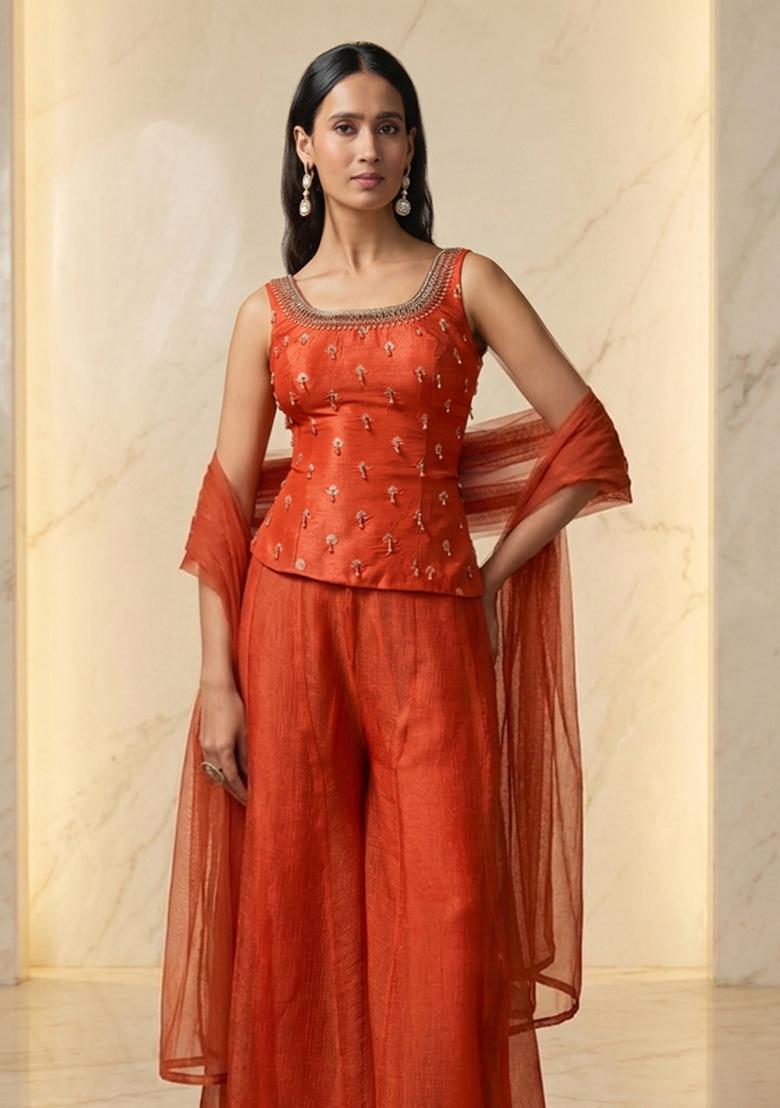 Rust Orange Embroidered Handwork Sharara Set - Indya