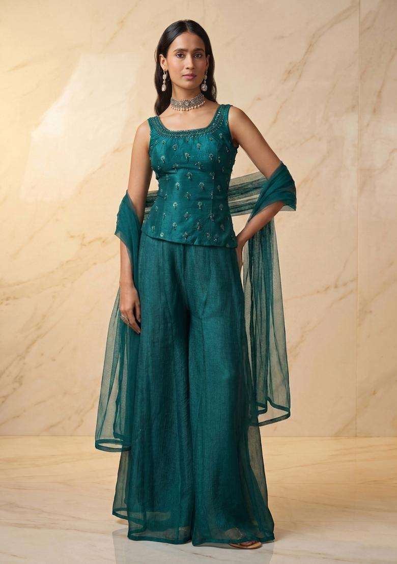 Teal Embroidered Handwork Lehenga Set - Indya
