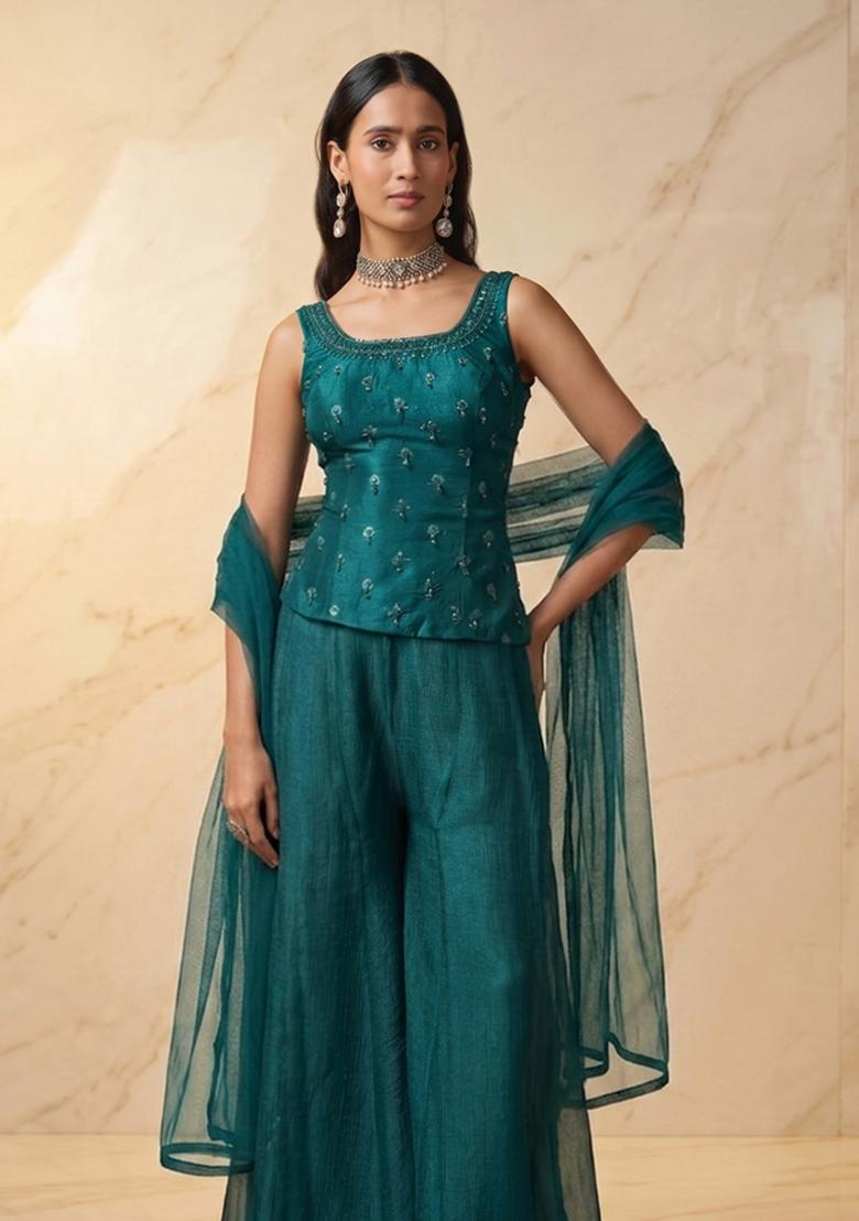 Teal Embroidered Handwork Lehenga Set - Indya