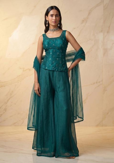 Teal Embroidered Handwork Lehenga Set