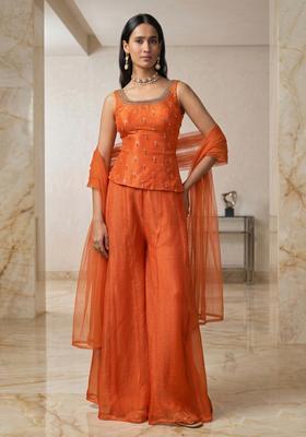 Orange Embroidered Handwork Lehenga Set