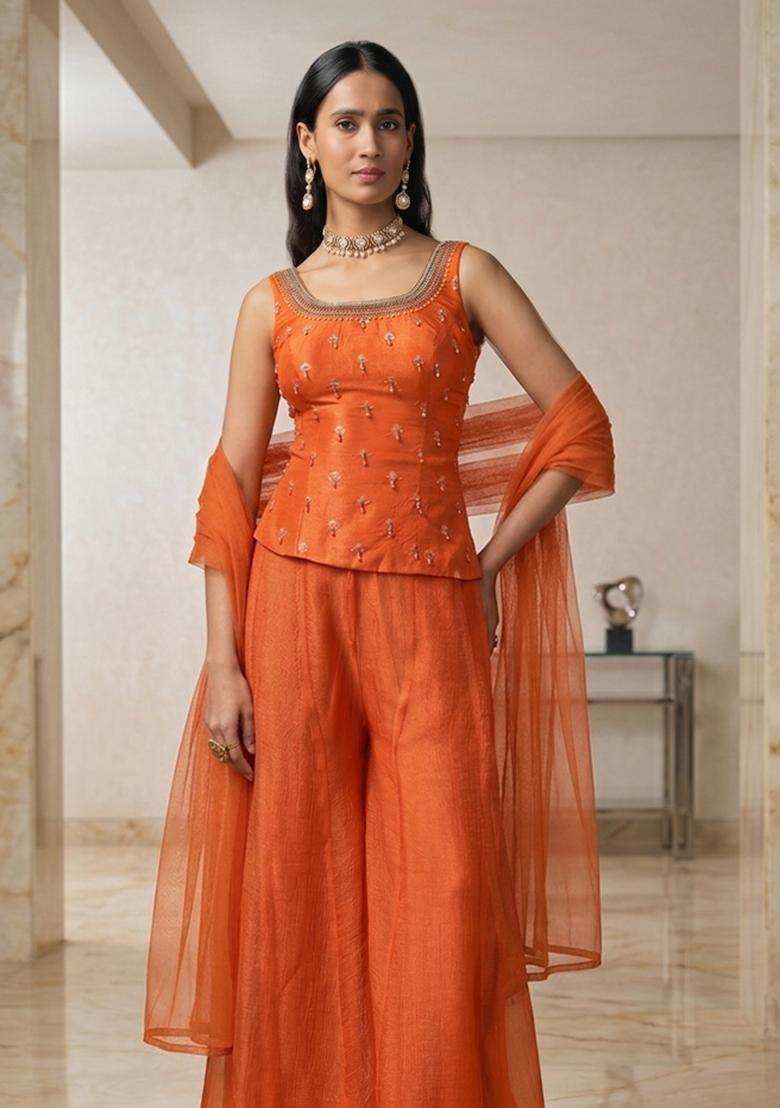 Orange Embroidered Handwork Lehenga Set - Indya