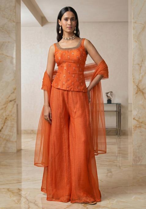 Orange Embroidered Handwork Lehenga Set