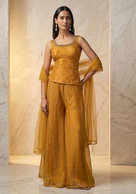 Mustard Embroidered Handwork Fusion Set