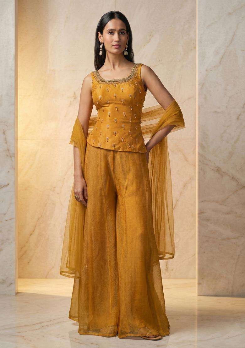 Mustard Embroidered Handwork Fusion Set - Indya