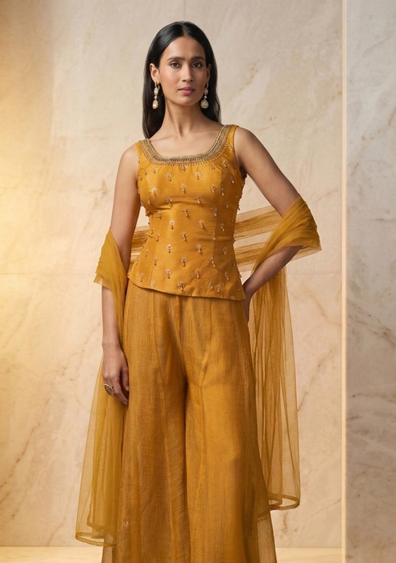 Mustard Embroidered Handwork Fusion Set - Indya