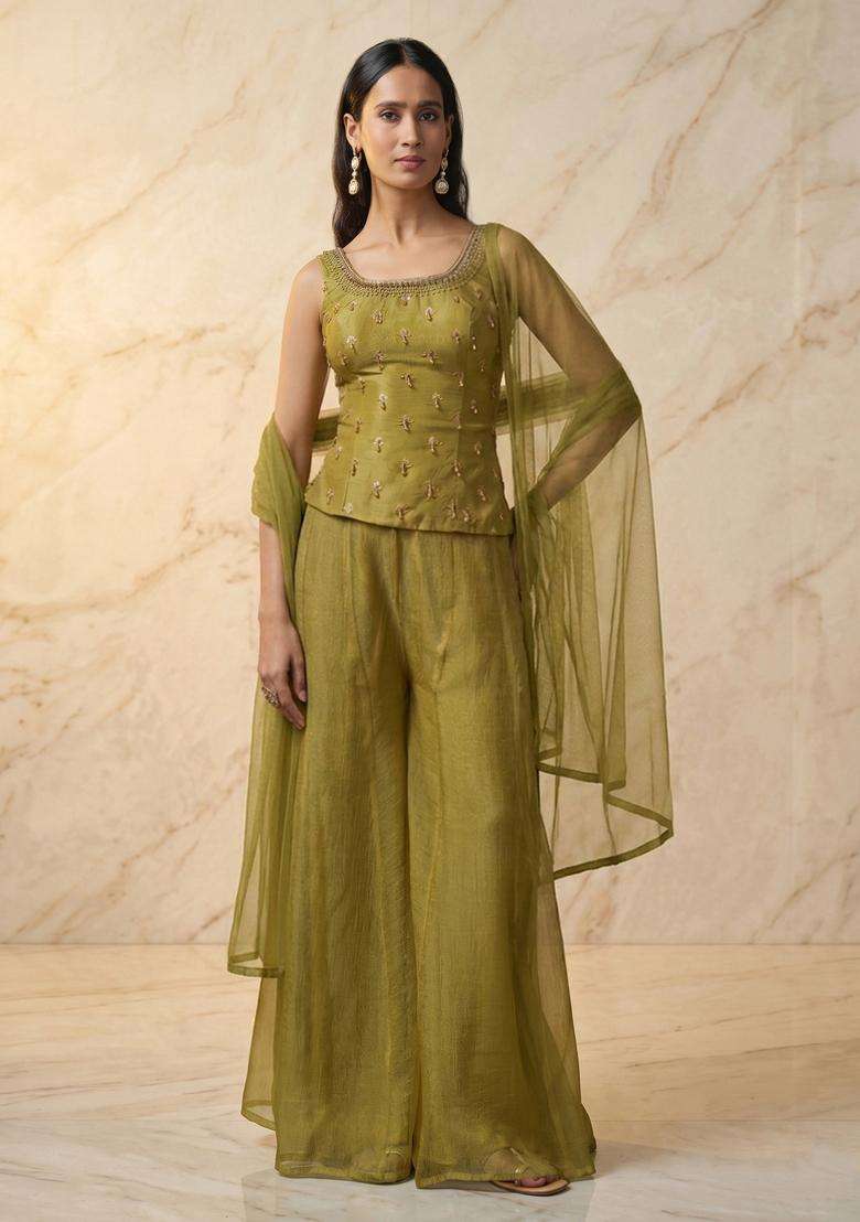 Olive Green Embroidered Handwork Kurta Set - Indya