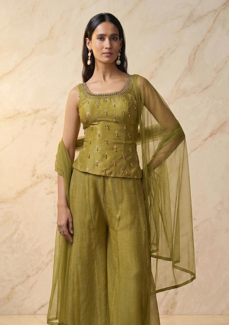 Olive Green Embroidered Handwork Kurta Set - Indya