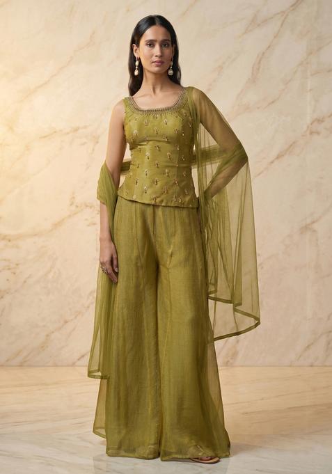 Olive Green Embroidered Handwork Kurta Set