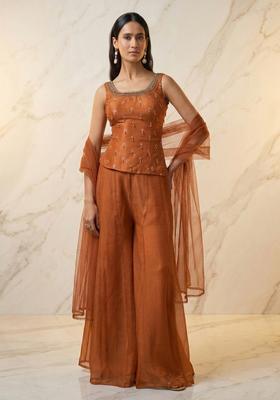Rust Embroidered Handwork Sharara Set