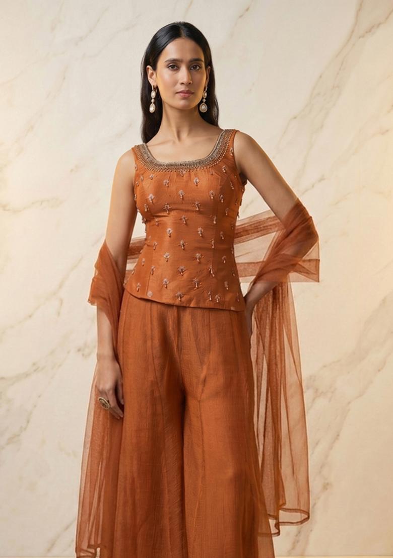 Rust Embroidered Handwork Sharara Set - Indya