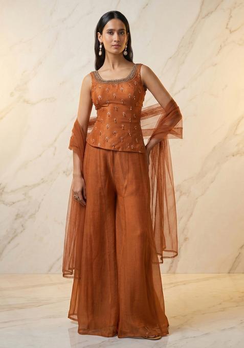 Rust Embroidered Handwork Sharara Set