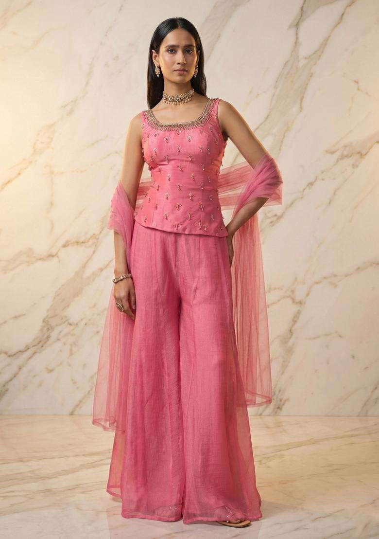 Rose Pink Embroidered Handwork Lehenga Set - Indya